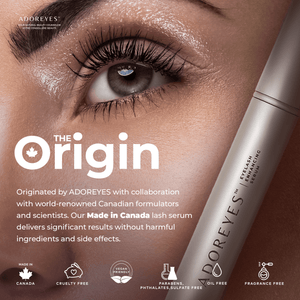 Made in Canada ADOREYES eyelash growth serum that is vegan, cruelty free, oil free, parabens, sulfates, phthalates free, and fragrance free