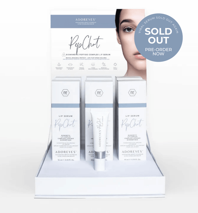 Adoreyes biomimetic peptide lip serum set with 'PepChat' on a white background