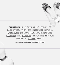 Load image into Gallery viewer, Skincare product with exosomes and a quote from Dr. Sonia Khorana on a white background
