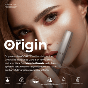 Made in Canada ADOREYES eyelash and eyebrows growth serum is vegan, cruelty free, oil free, parabens, sulfates, phthalates free, and fragrance free